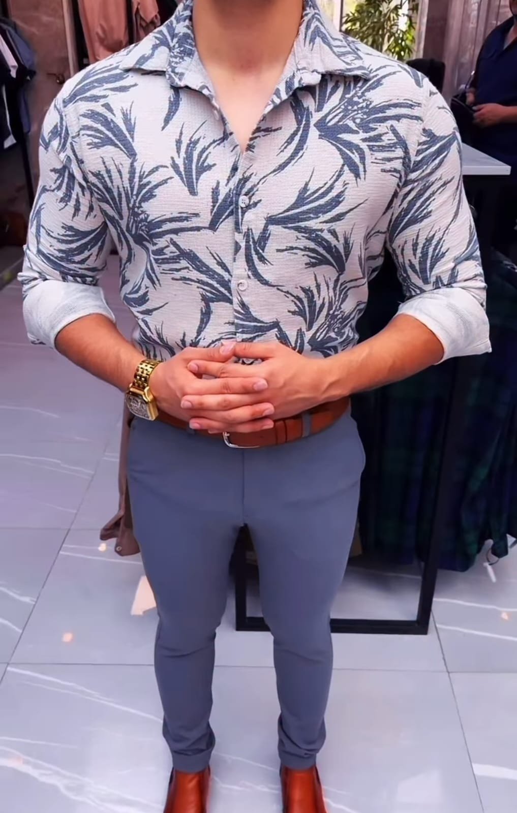 Tropical Leaf Print Textured Shirt Combo