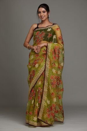 Red Printed Organza Designer Saree