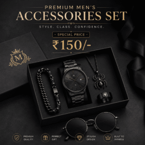 Premium Men’s Accessories Gift Set ₹150 – Luxury-Inspired Watch, Bracelet, Necklace, Ring & Sunglasses